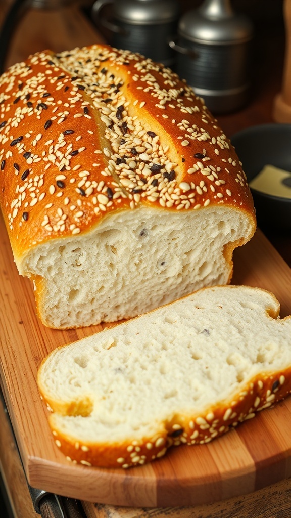 A golden brown loaf of everything bread with toppings, sliced on a wooden board with butter.
